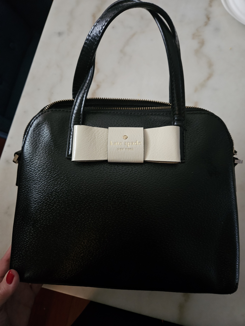 kate spade Black Leather Satchel with Cream Bow Accent